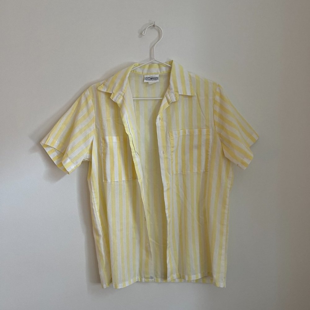 Vintage Boy's XL (Women's S) Yellow White Striped Short Sleeve Button Up Compass